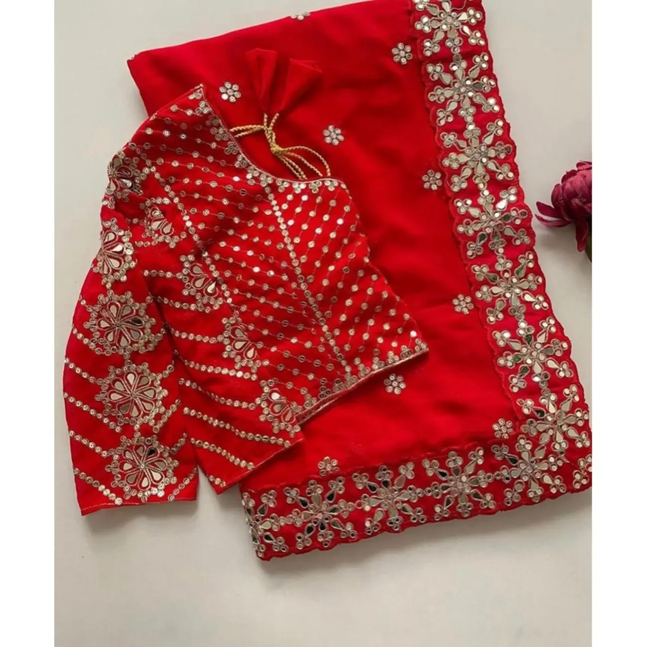 Real Mirror Saree with Blouse 42-44 - Red Color with Floral Embroidery and Gold Accents