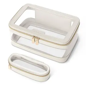 Clear Travel Makeup Bag with Brush Case - Waterproof Leather Cosmetic Organizer in Off-White