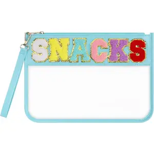 Clear Snack Bag for Travel, Chenille Letter Clear Zipper Snacks Pouch Nylon Cosmetic Bag Makeup Travel Bag for Women