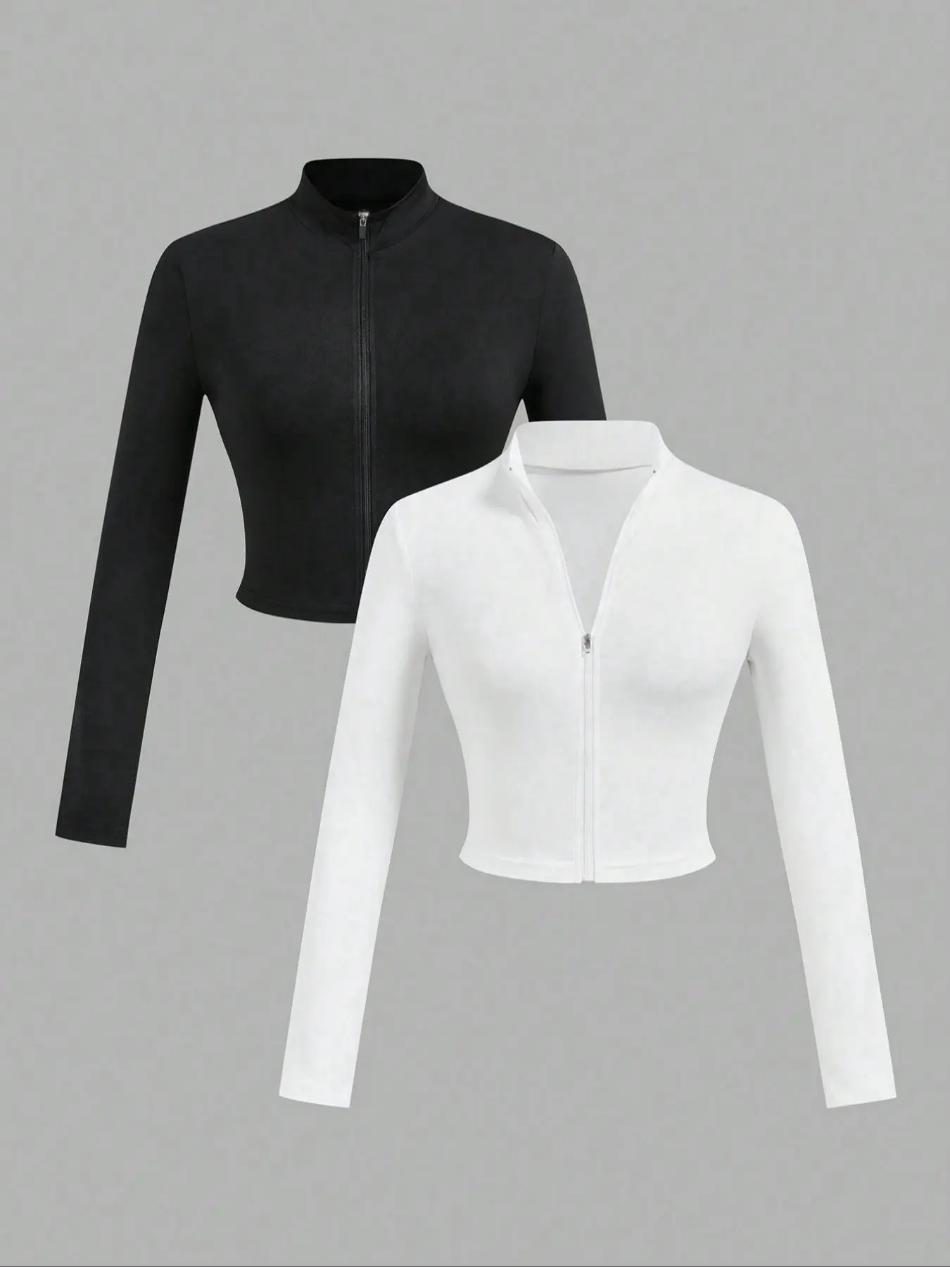 Women's Solid Zip Up Crop Fashion Jacket Coats, Basic Casual Long Sleeve Outerwear  for Daily Wear, Ladies Clothes for All Seasons