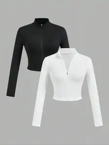 Women's Solid Zip Up Crop Jacket, Solid Color Jackets, Casual Long Sleeve Outerwear  for Daily Wear, Ladies Clothes for All Seasons