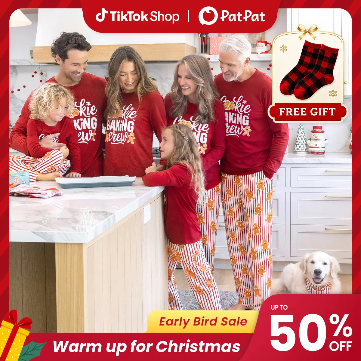 Early Bird | PatPat Mommy & Me Family Matching Christmas Pajamas with Socks Gift, Cookie Baking Crew Graphic Gingerbread Stripe Print Elastic Waist Set