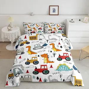 Construction Comforter Set,Cartoon Dinosaur Bedding Set,Equipment Trucks Comforter,Vehicles Kawaii Jungle Dino Duvet Set,Quilt Set Twin Full Size