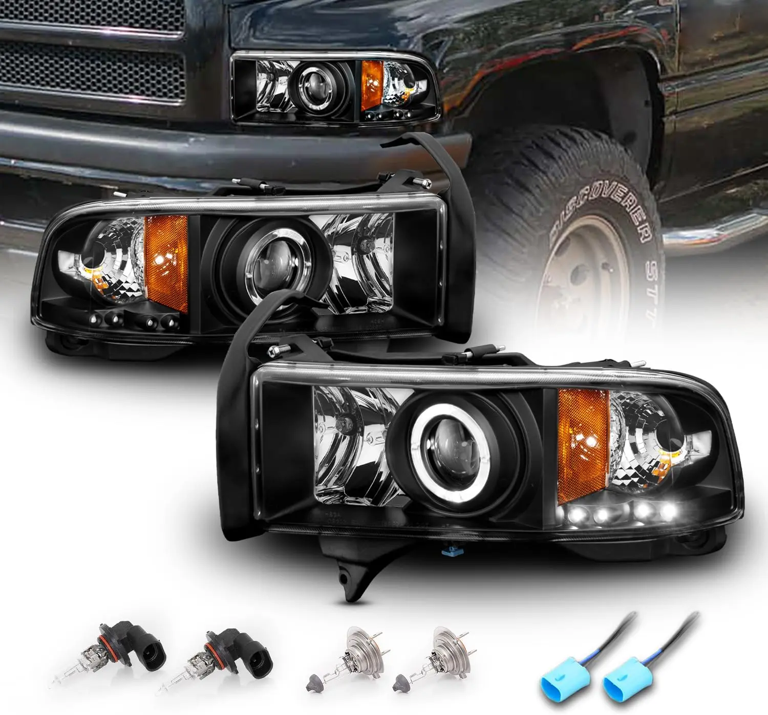 AmeriLite for Dodge Ram 1500 2500 3500 Pickup Dual LED Halos Projector Chrome Replacement Headlights Assembly Set - Passenger and Driver Side
