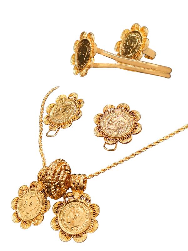 24K Gold Middle Eastern Luxury Vintage Coin Set: Multi-layered Bracelet, Necklace, Ring and Earring Collection - An Exclusive Celebratory Jewelry Gift for Women, Elegant Jewelry Set