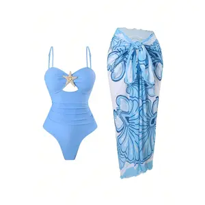 Women's Light Blue Starfish Decor One Piece Swimsuit with Cover Up Set High Stretch Ruched Front Cutout Adjustable Strap Monokini Floral Print Sarong Tummy Control Swimwear for Beach Vacation