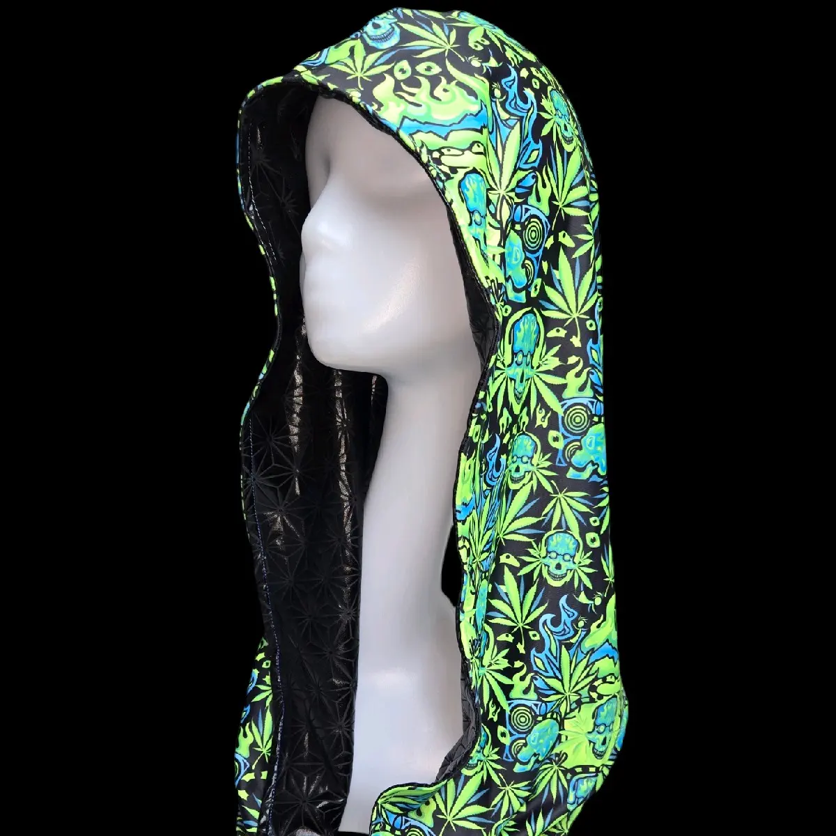 •REEFER DIMENSIONS• UV REACTIVE REVERSIBLE INFINTY RAVE HOOD, edm clothing, festival hood, pashmina, rave wear