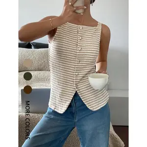 Women’s striped print button vest jacket, casual comfortable vest, casual sleeveless summer top, ladies’ clothing for daily wear GARMENTARY