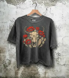 Comfort Colors Brushstroke Bull Skull Tee, Floral Cow Skull Tshirt, Boho Western Succulent T-Shirt, Rustic Wild West Cactus Flower Shirt