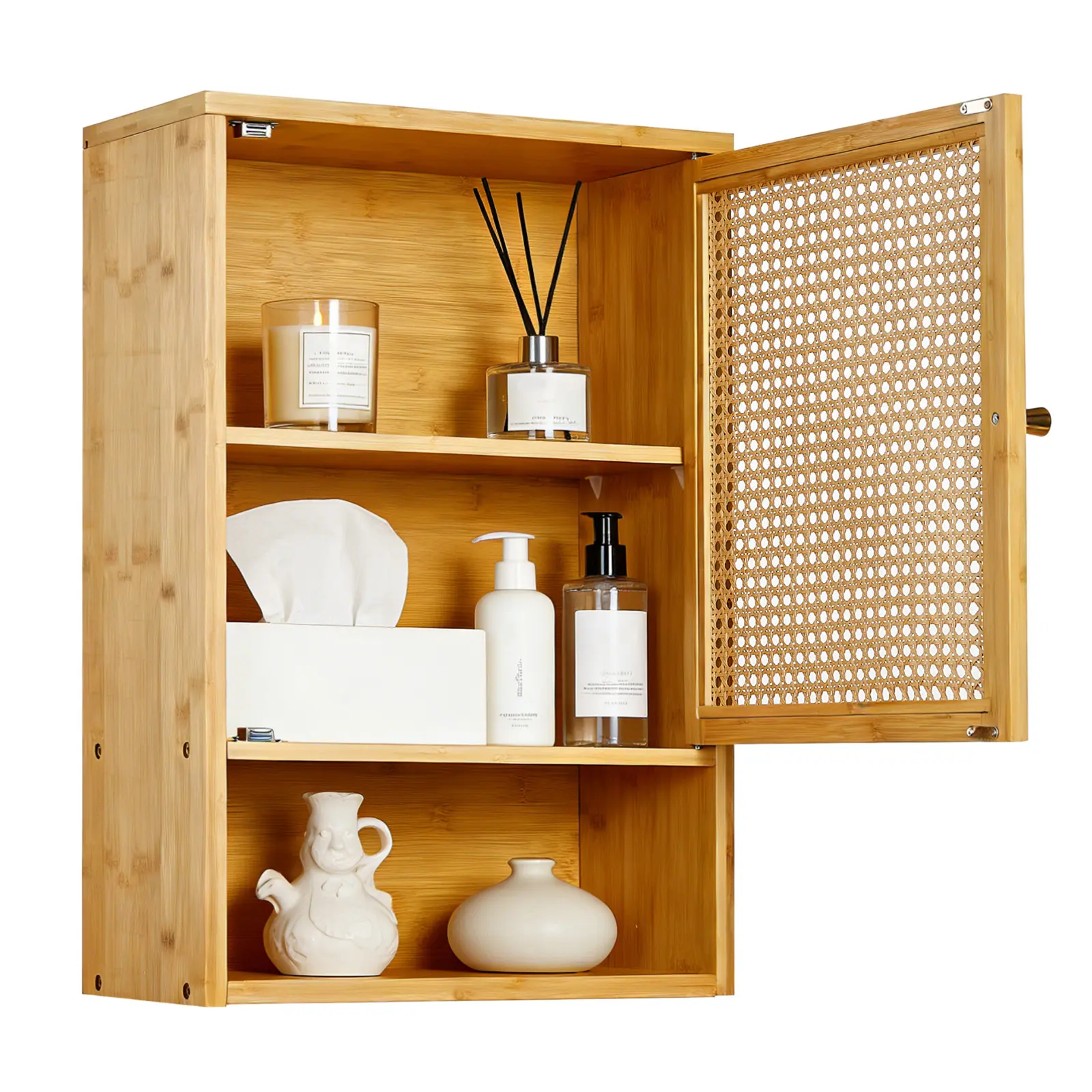 Bamboo Wall Cabinet – Rattan Doors – Adjustable Shelf – For Bathroom, Kitchen, Laundry, Living Room – Over Toilet Mount