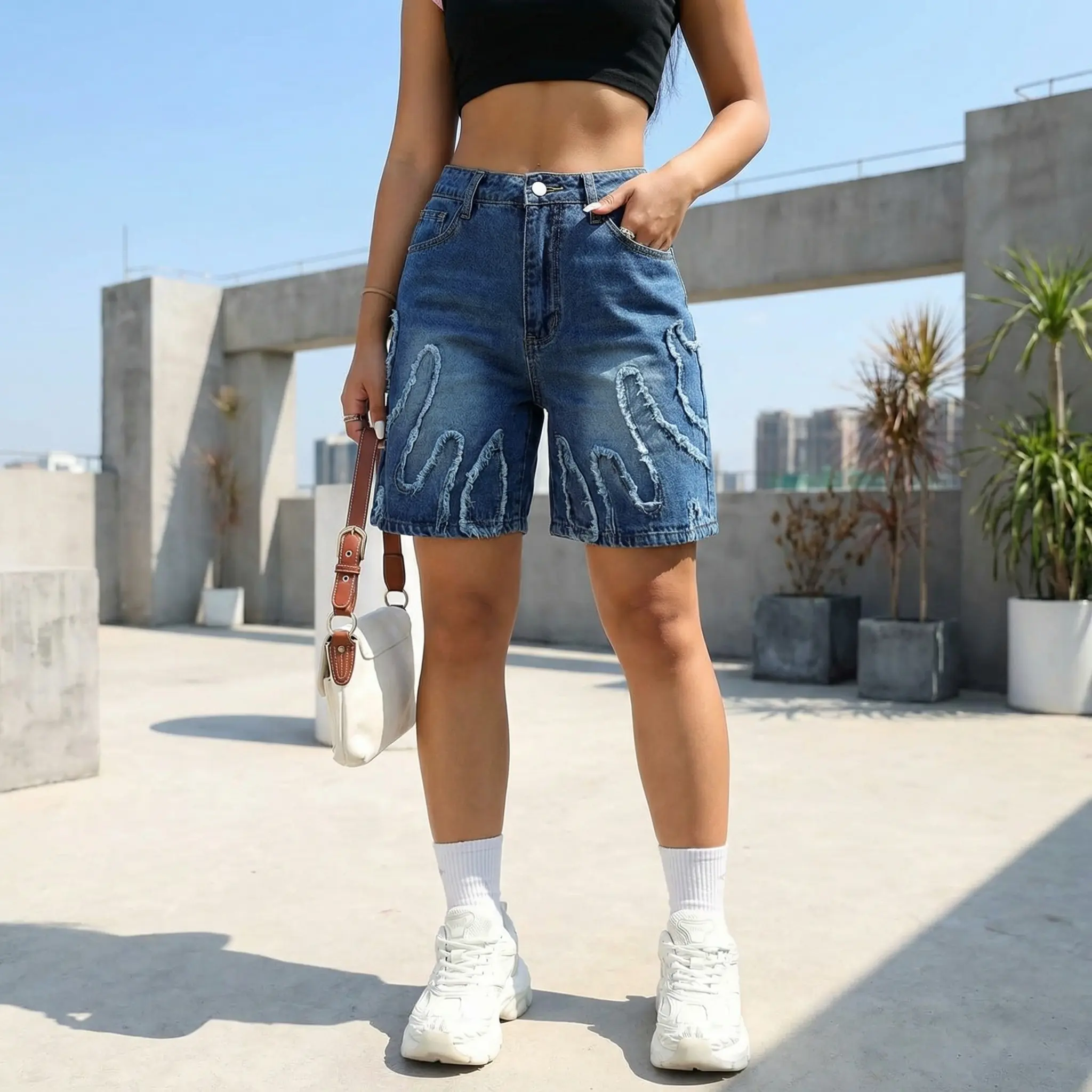 Women's High Waisted Denim Bermuda Shorts, Casual Blue Jean Shorts with Embroidered Patchwork Motif, Loose Fit Knee Length Jorts