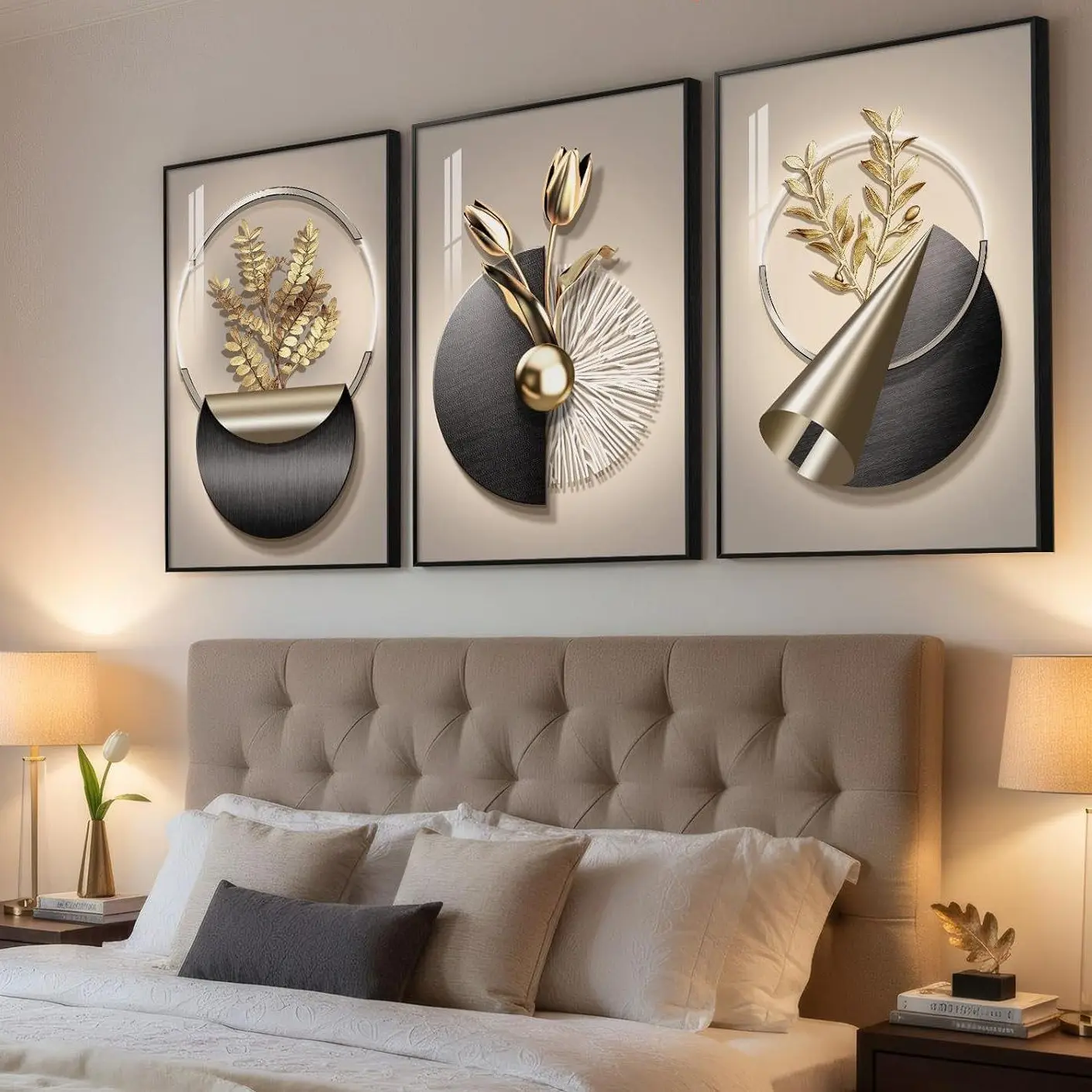 3Pcs Wood Framed 2D Printing Canvas Wall Art - Flower Art, Geometric Print Painting, Birthday Gift Ideas for Living Room, Bedroom Housewarming Presents
