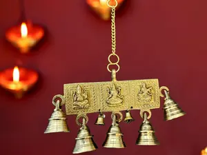Beautiful Antique Brass Ganesh, Laxmi & Sarswati Belt with 5 Bells for Mandir, Home Décor, Indian Festive Décor, Auspicious Gift for Housewarming Indian Hanging Decor