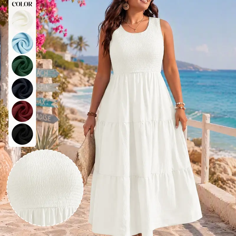 【End-of-season clearance】HEEKPEK Women's Plus Size Soft Breathable Boho Maxi Dress - Sleeveless Smocked High Waisted Casual Pocket Dress with Pleated Solid Fabric for Summer Beach Outdoor Curvy Wear, Plus Size Dresses