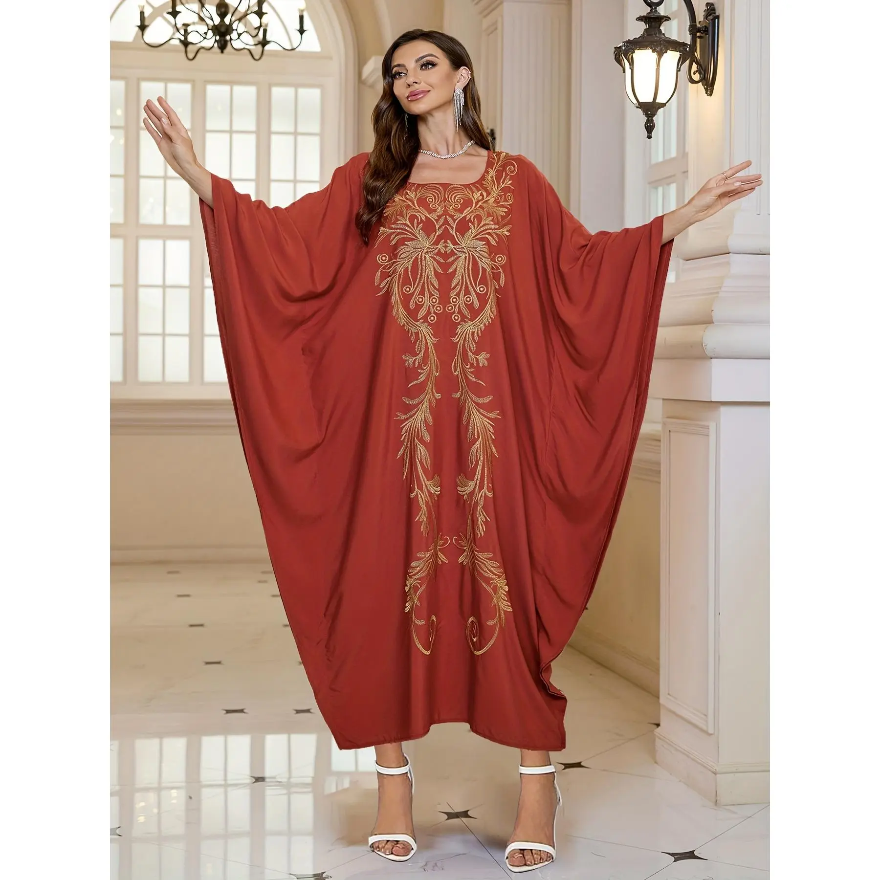 Women's Elegant Red & Golden Arabic Kaftan Robe - Long-Sleeve, Crew Neck, Floor-Length Traditional Middle Eastern Modest Formal Dress, Golden Embroidery, All-Season, Hand-Washable Non-Stretch Fabric, 1-Size, for Weddings, Cultural Events