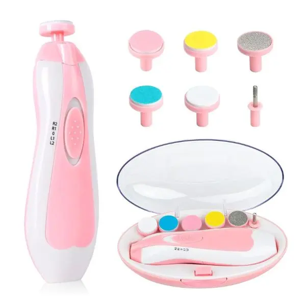6-in-1 Baby Electric Nail Trimmer Kit - Unisex ABS Manicure Grooming Tool with Safe Round Antibacterial Nail File Clippers, LED Light, Adjustable Speed, Fade Resistance, Light Weight, Easy to Carry for 4+Months and Up Kids 1 Set