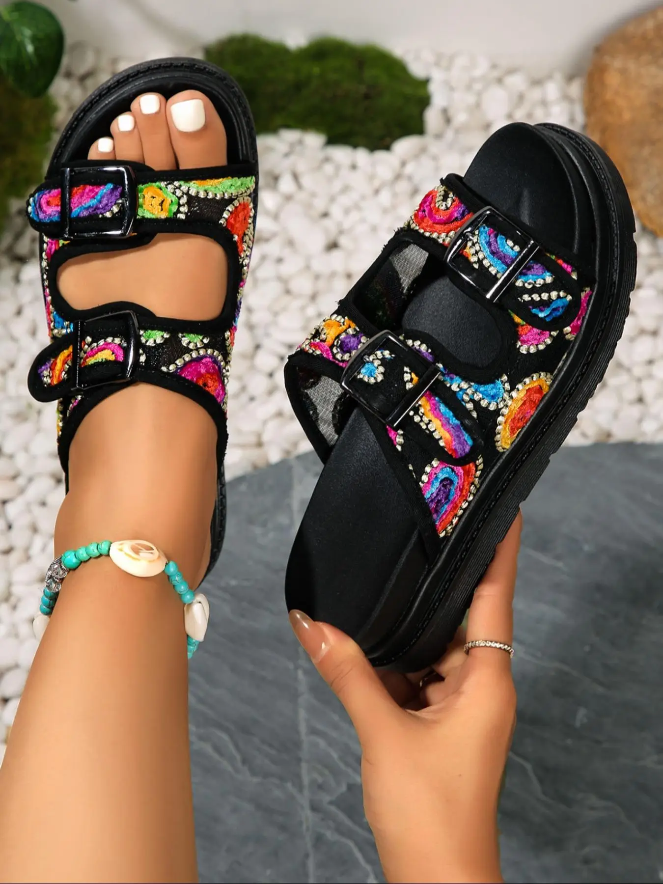 Women's Fashionable Colorblock Buckle Decorated Platform Sandals, Casual Comfortable Sandals for Summer, Female All-match Shoes for Beach Vacation