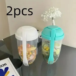 Random Color 2-Pack Salad Cups with Forks, Healthy Plastic Salad Shaker Storage Containers, Kitchen Tools for Lunch Picnic, 1000ML Capacity