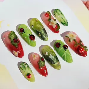 Handmade Ladybug Garden Press On Nails | 3D Beetles, Flowers, Vines & Leaf Art | Almond Nails For Naturecore Vibe