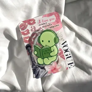 Cute Green Figure Reading A Good Book Phone Grip | Acrylic Audiobook Lover Holder | Trendy Pink Coquette Collage Stand | Bookish Gift for Study and Work