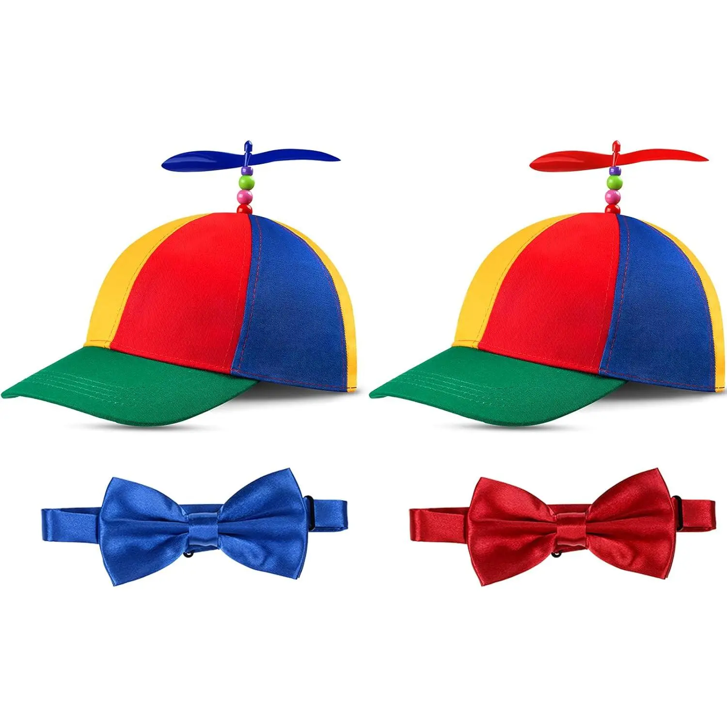 L-HDW151 2 Pieces Adult Propeller Hat Helicopter Hat Rainbow Baseball Cap Funny Clown Hat and 2 Pieces Blue and Red Pre-Tied Bow Tie Adjustable Length Satin Bow Tie Masks Lightweight
