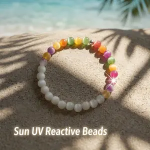 Stackable Beaded Detail Bracelets & Bangles - 8mm Boho UV-Reactive Rainbow Color-Changing Stack Bangles for Couples, Casual Summer Daily Wear