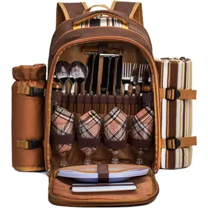 Picnic Backpack Bag for 4 Person with Cooler Compartment, Bag, Picnic Blanket(45"x53"), for Family and Lovers Gifts (Brown)