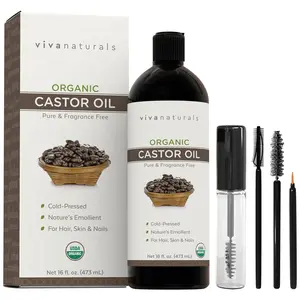 Viva Naturals Organic Castor Oil, Cold-Pressed, 16 fl oz – For Face, Hair, Eyelashes, USDA Organic, Non-GMO - With Beauty Kit