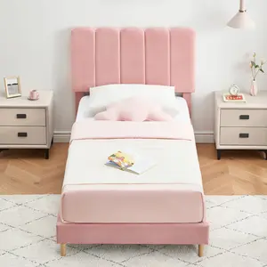 Twin Size Bed Frame, Soft Upholstered, Wave Headboard, Crystal Diamond Tufted, Strong Wood Slat Support, No Box Spring Needed, Easy Assembly, Pink
