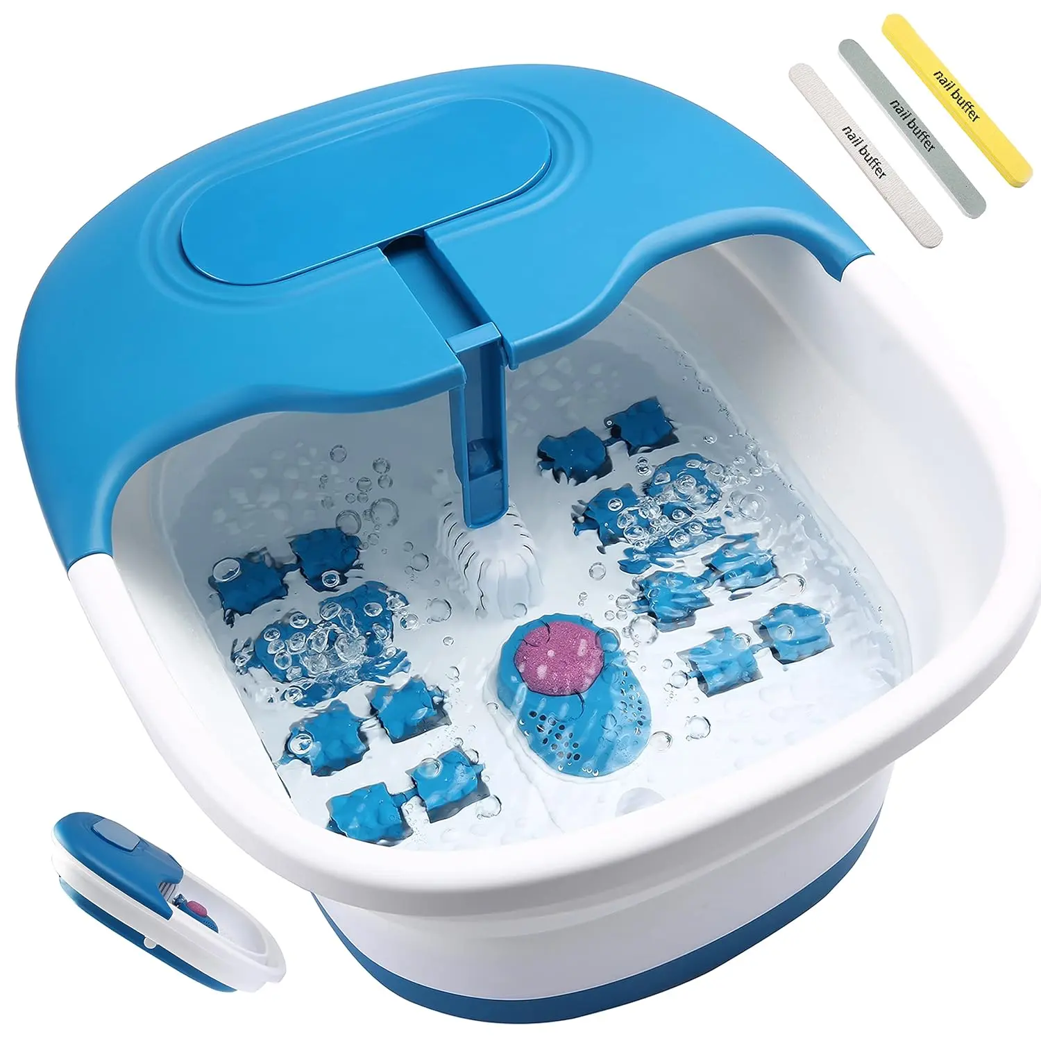 Collapsible Foot Spa Massager with Remote Control and 3 Double Sided Nail Buffer File Polisher, Bubble Jets, 3 Temperature and 2 Timer Settings, Easy Storage and Space Saving-Blue