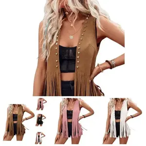 Women's Rivet Tassel Vest Open Front Sleeveless Faux Suede Vest Jacket Hippie Clothes Western Cowgirl Womenswear Streetwear