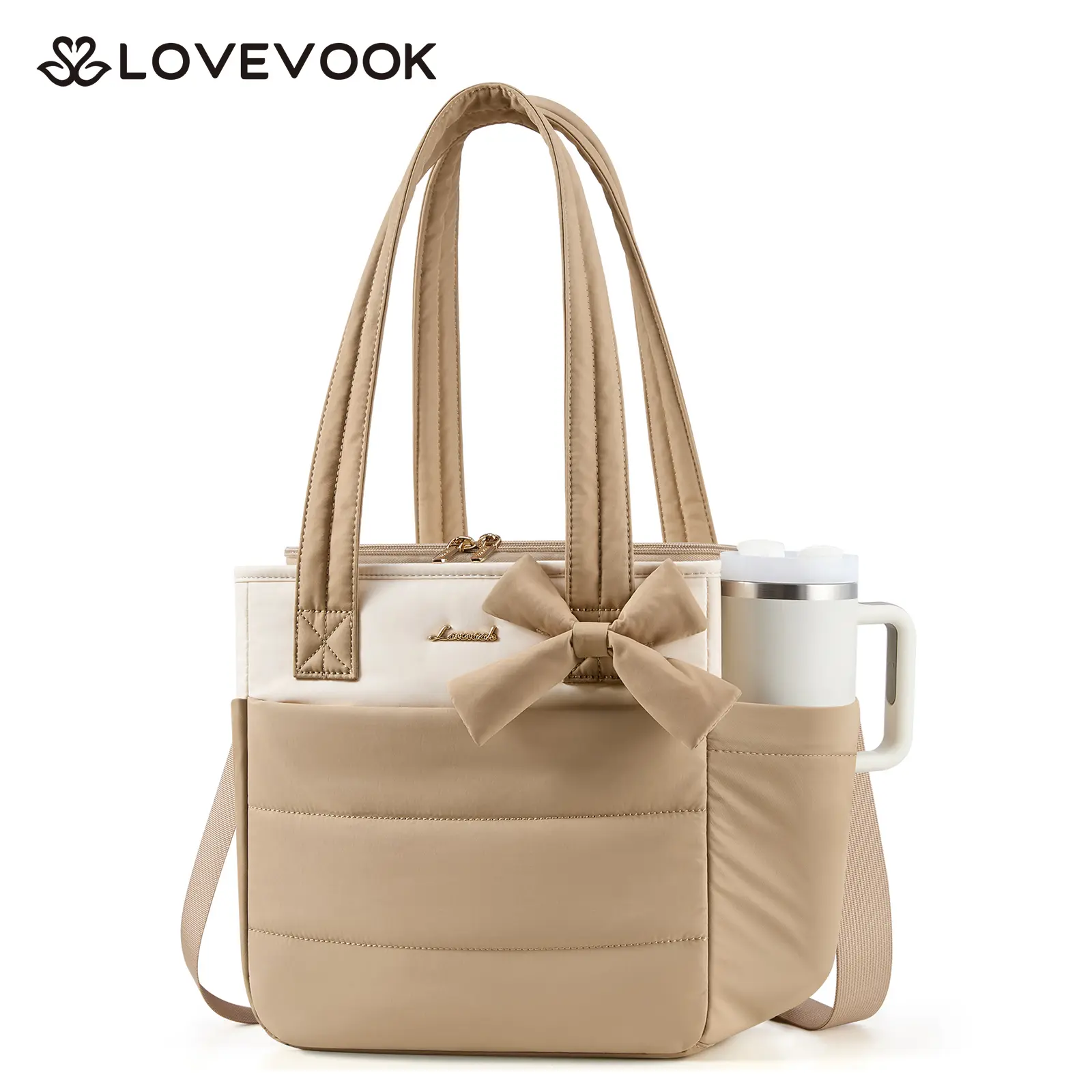 LOVEVOOK Insulated Lunch Bag Women, Stylish Puffy Adult Lunch Box with Cup Holder, Large Wide-open Leakproof Cooler Tote Bag for Work Picnic Beach Nurse Teacher College Family, Gifts for Women