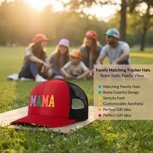 Matching Family Trucker Hat for Adults Mama Dad Nana Papa, Retro Colorful Varsity Font Mesh Cap, Custom Aesthetic Couple Snapback Baseball Hat Men Women Gift