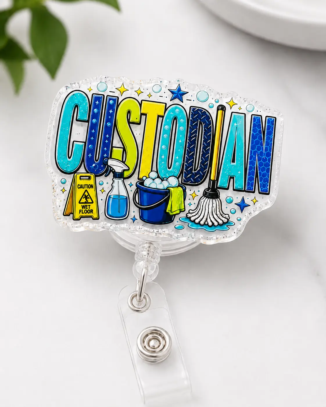 Badge Reels for Custodians, Cute Acrylic Custodian Janitor ID Badge Holder, Retractable Swivel Clip School Staff Appreciation Gift