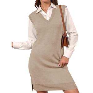 Imily Bela Womens Sleeveless Sweater Vest Dress Casual Chunky Knit V Neck Loose Slit Fall Tank Midi Dresses