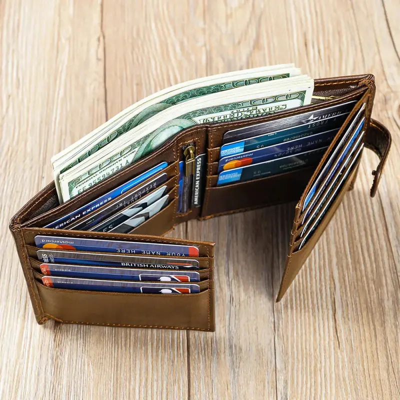 Vintage Men's Top-Grain Leather Wallet, Durable and Classic Bi-Fold Daily Wallet with Ample Card and Cash Space, Durable Bifold Wallet