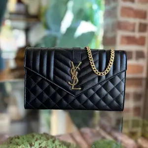 Pre-owned Yves Saint Laurent Leather Crossbody Bags SAINT LAURENT Envelope Wallet On Chain Black Triquilt Grain De Poudre Crossbody