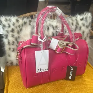 Alyssa Bald Pink Duffel Handbag with Matching Wallet Full Leather Suede Groovy Long Strap Pink and Tan Adjustable 2 Piece Set