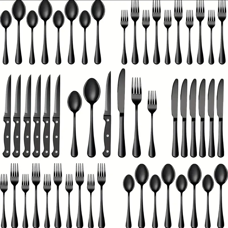 24/48 Piece - Forks, Spoons, Knives Set (Black)