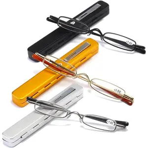 Small Reading Glasses Men Women 3 Pairs Slim Pocket Readers with Pen Clip Metal Case Spring Hinge 2.25