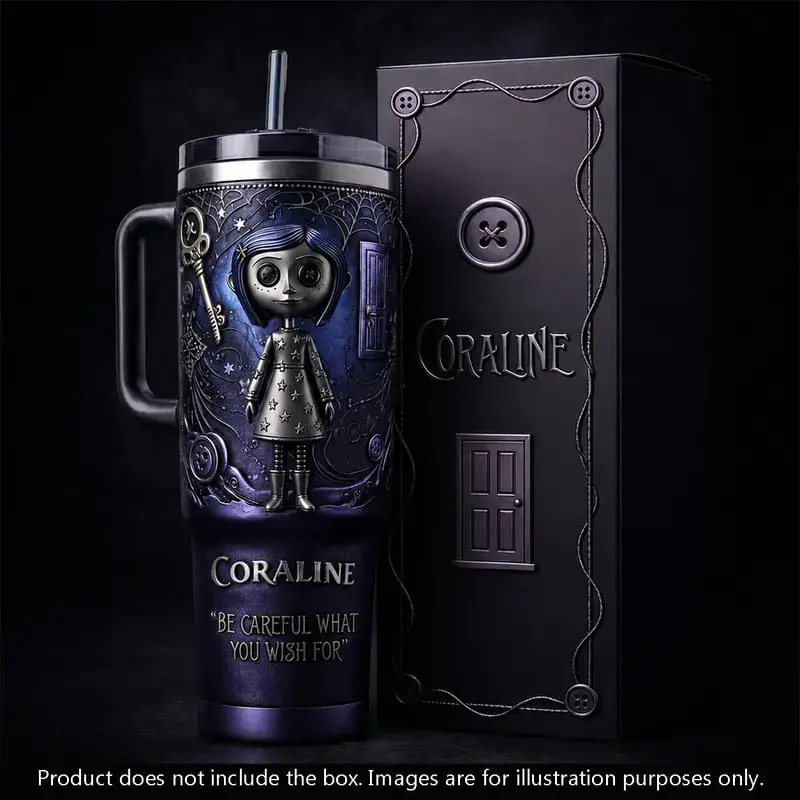 Coraline 40oz Tumbler with Handle, Button Eyes Gothic Movie Stainless Steel Travel Mug with Straw, Double Wall Insulated Cup, Dark Fantasy Drinkware, Spooky Halloween Fan Gift Beverage Flasks