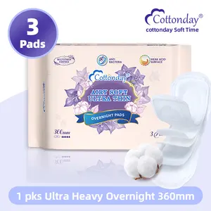 Cottonday Ultra Heavy Night 360mm 3Pads Feminine Night Santary Napkin Zero-Feel Ultra Thin Soft and Absorbent Organic Cotton Bellflower Series