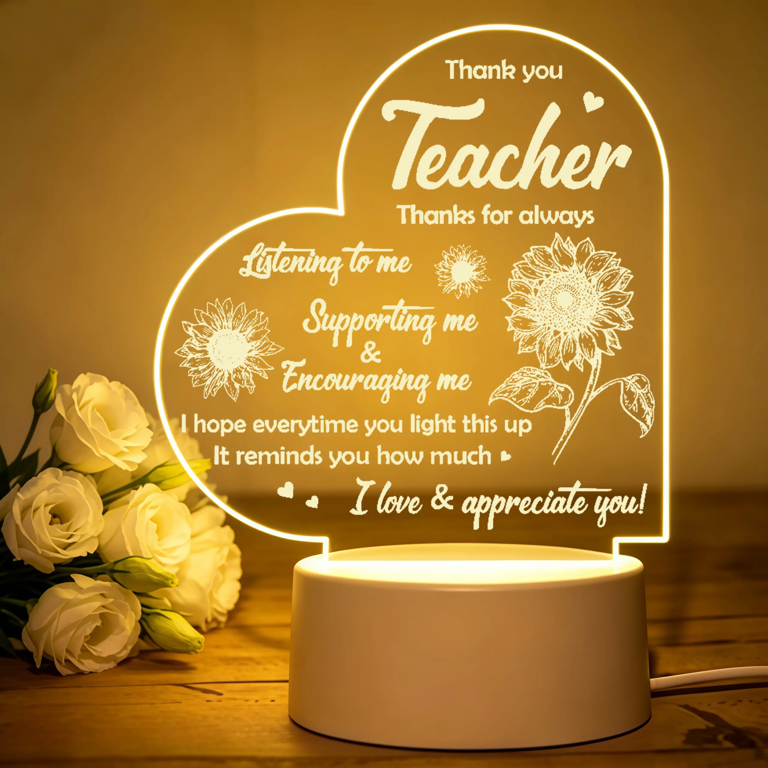 Heart Shape Teacher 2D Acrylic Sign, Sunflower Decor Plaque With Thank You Teacher Quote, Tabletop Ornament, Teachers Day Birthday Thanksgiving Christmas Gift for Teacher
