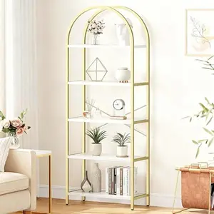 5-Tier Bookshelf Arched Display Racks, Industrial Tall Standing Bookcase Display Shelf Racks, Modern Open Storage Rack Shelf Large Wood Book Shelf for Living Room Home Office