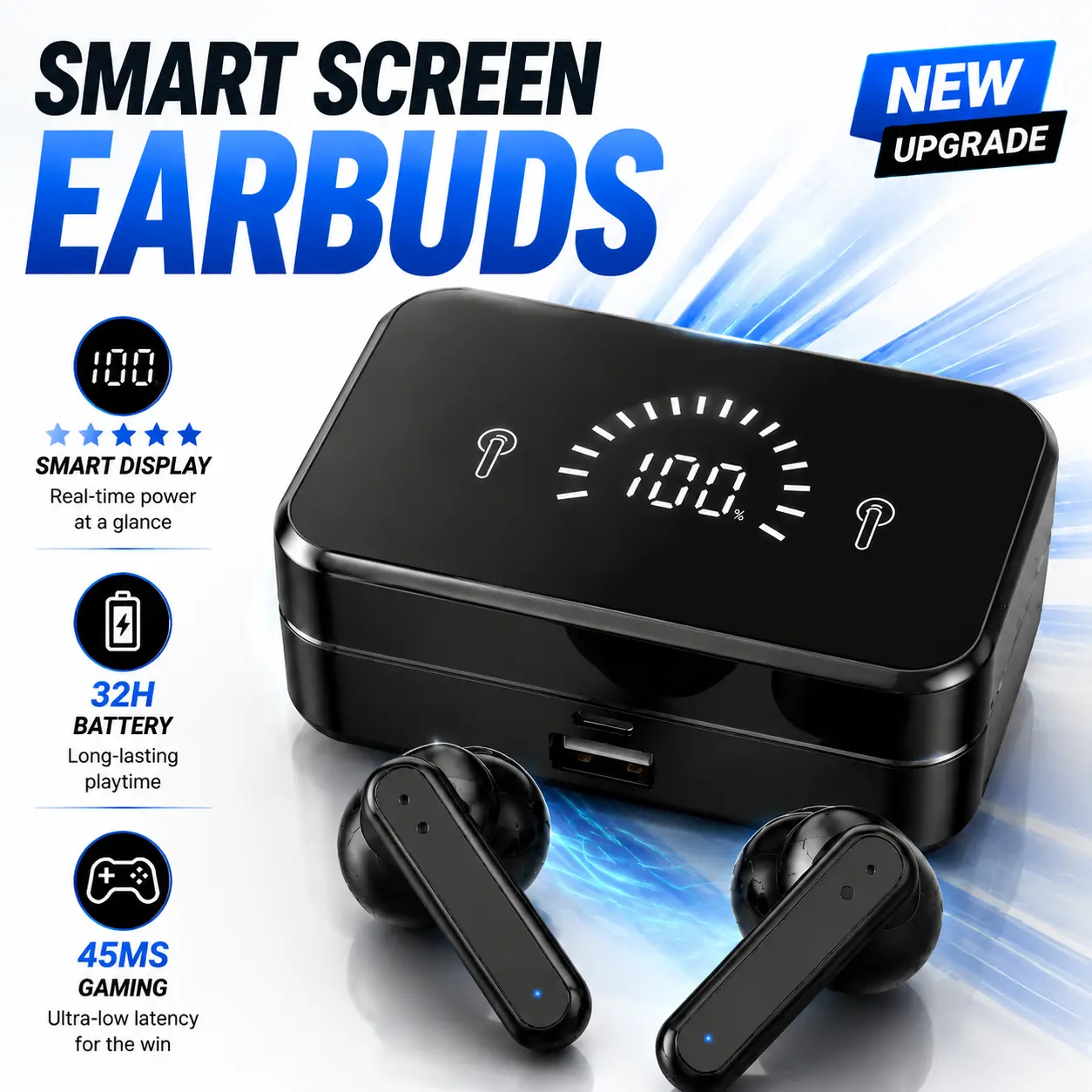 Greatwall Smart Screen Earbuds with Mirror Display Case, Digital Battery Indicator, Portable Power Bank, HiFi Stereo Sound Wireless Bluetooth Earphones
