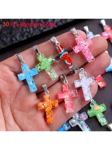 30Pcs Cross Resin Charms with Crystal Shine Flower Fruit Pattern DIY Jewelry Making Supplies for Necklace Earrings Bracelet Crafting Accessories Cute Beading Components Non-Chain Festival Gift Cross Pendant Glitter Cross Pendant