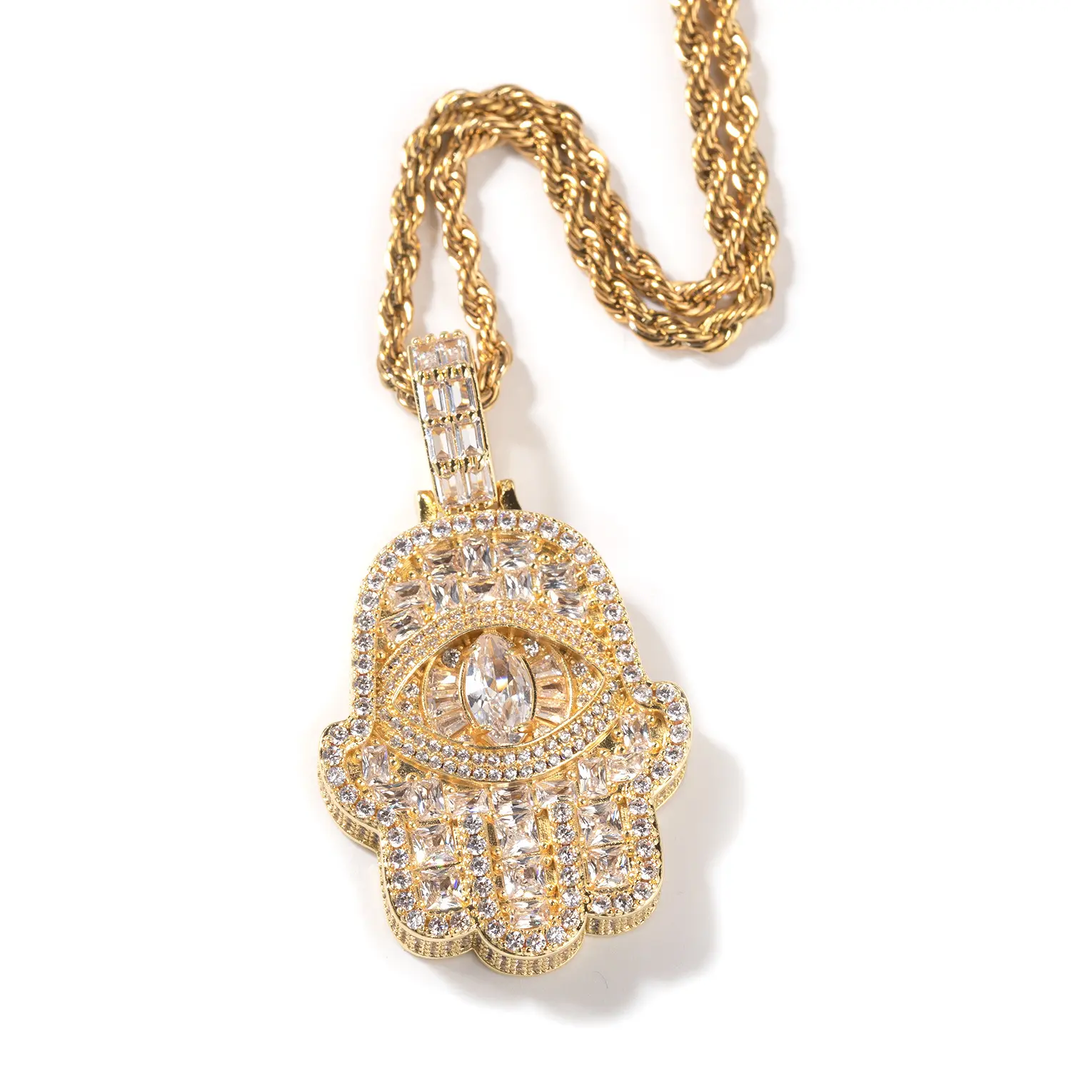 Hand-Shaped Hamsa Evil Eye Pendant - Vintage Aesthetic, Full Zircon Inlay, Layered Pave Iced Out Charm for Hip-Hop Look Streetwear Jewelry Accessories, Male Wear, Pendant Charm