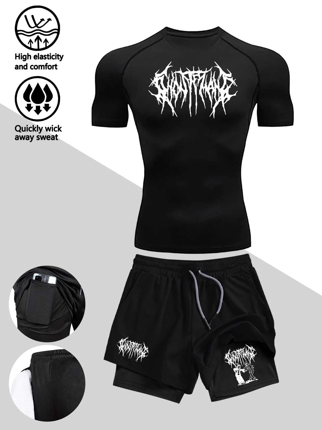 Men's High-Performance Athletic Compression Set (2-Piece) | "Thorned Joker" Pattern, Crew Neck, High-Elasticity Fabric; Includes Short-Sleeve T-Shirt and Double-Layer Shorts; Moisture-Wicking—Ideal for Fitness, Cycling, and Various Training Activities.