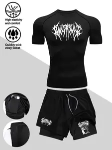 Men's High-Performance Athletic Compression Set (2-Piece) | "Thorned Joker" Pattern, Crew Neck, High-Elasticity Fabric; Includes Short-Sleeve T-Shirt and Double-Layer Shorts; Moisture-Wicking—Ideal for Fitness, Cycling, and Various Training Activities.