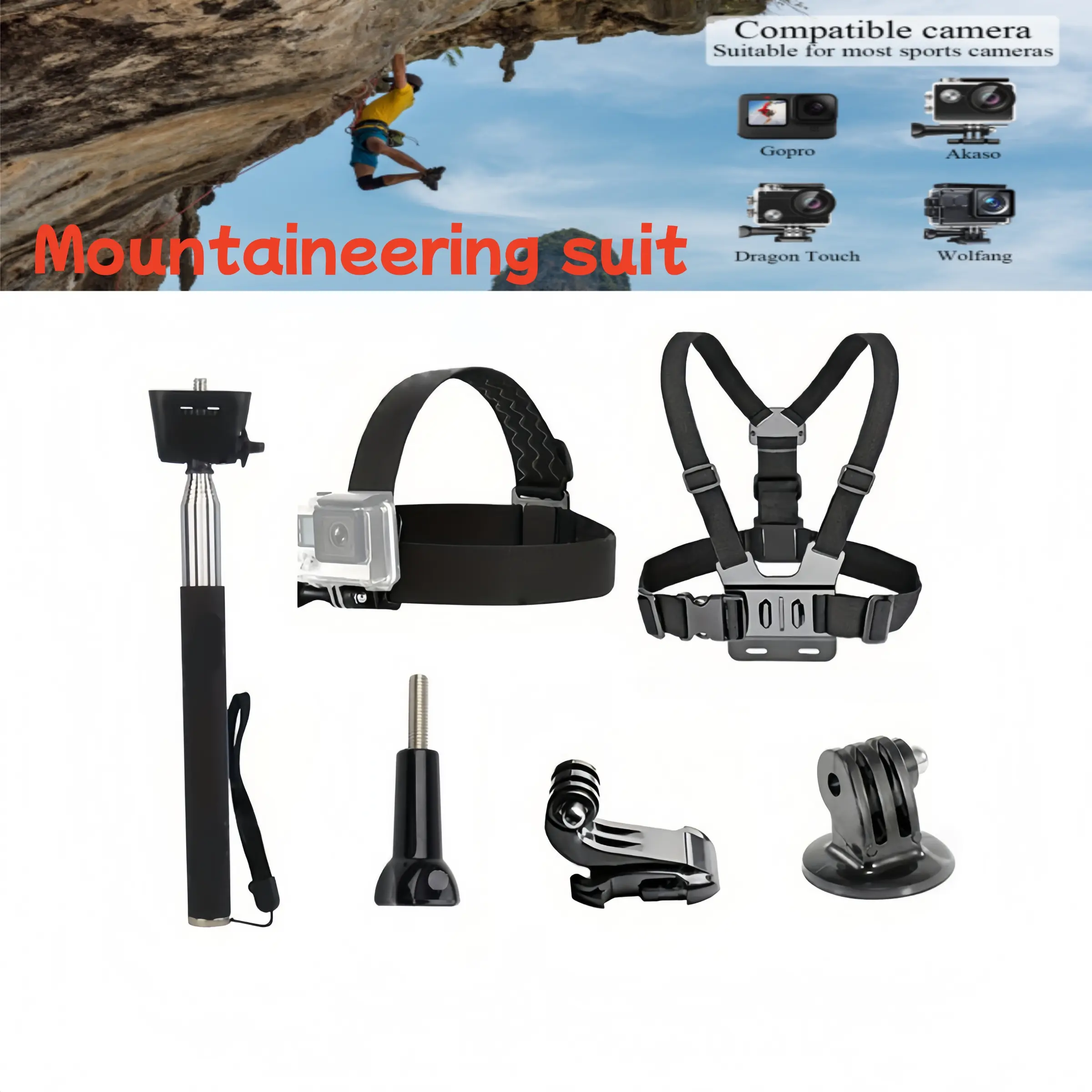 6-In-1 Universal Action Photography Camera Accessories Kit, Camera Accessories For Photography, Headband Mount Chest Strap Selfie Stick Compatible with Gopro Hero Akaso Brave Dragon Touch